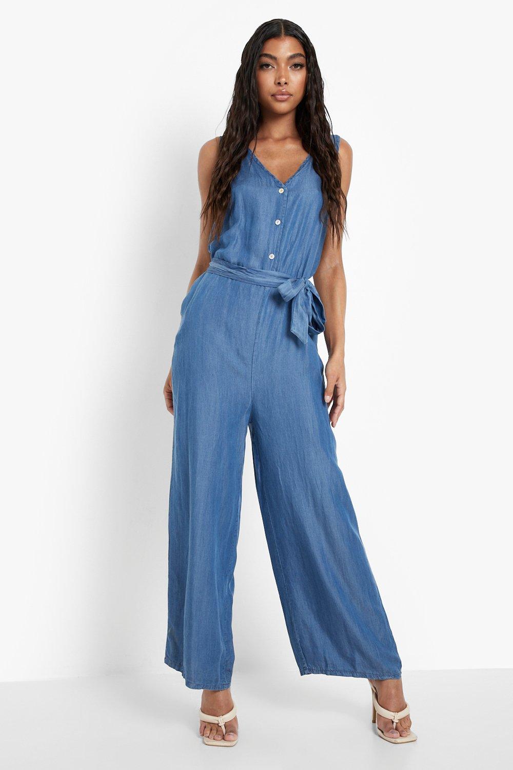 Tie waist store denim jumpsuit